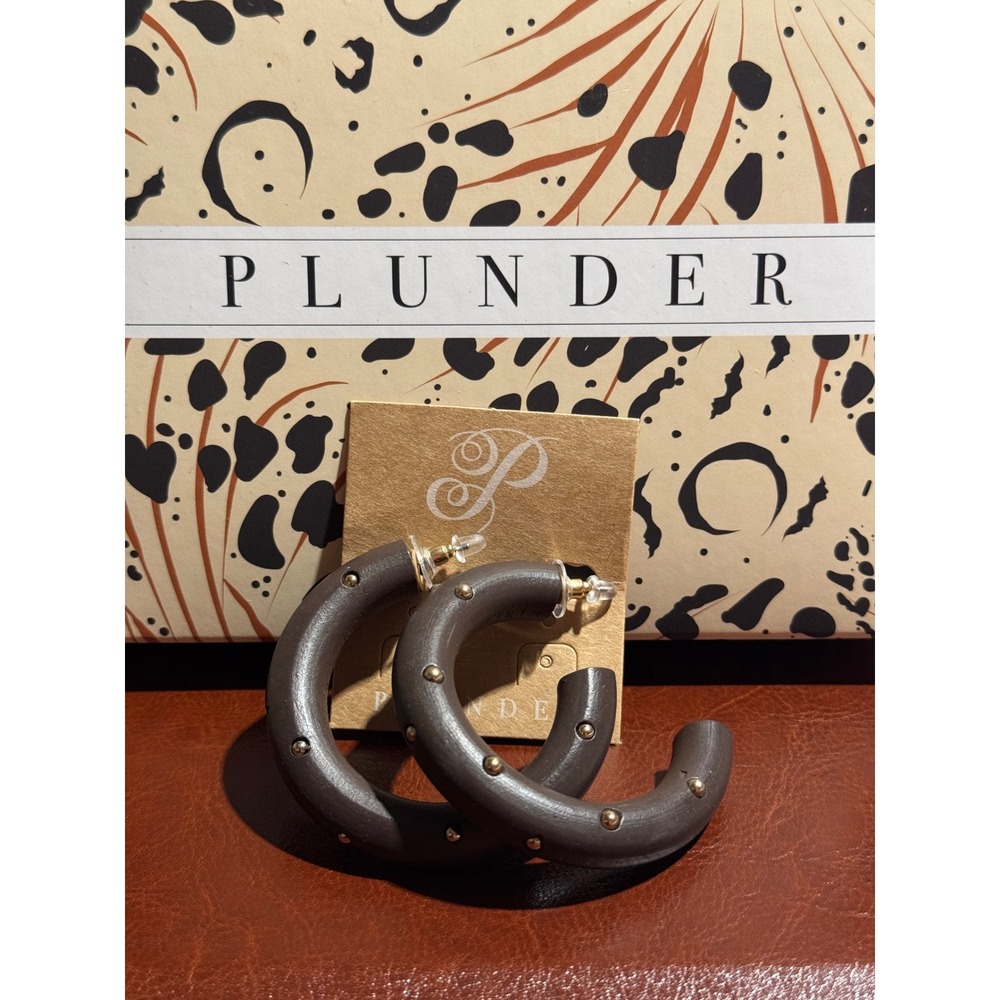 Plunder Design Dark Brown Faux Leather Studded Hoop Earrings Gold Tone Accents